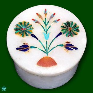Marble Gemstone Inlay Trinket Box Lid Round Shape Floral Keepsake India